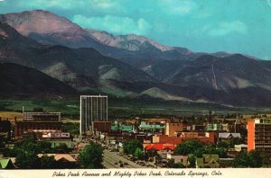 Colorado Springs CO, Pikes Peak, Avenue, Snow-capped Summit, Mountain, Postcard