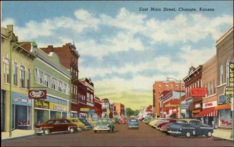 Chanute KS East Main St. Cars Stores c1940s Postcard 