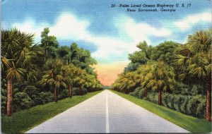 Palm Lined Ocean Highway US Near Savannah Georgia Linen Postcard C118