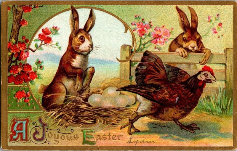 Joyous Easter, Rabbits Hen Eggs Embossed Vintage Postcard G60 