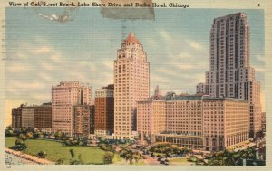 Vintage Postcard 1942 Oak Street Beach Lake Shore Drive Drake Hotel Chicago ILL