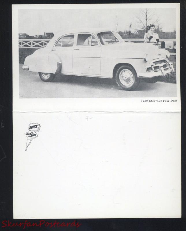 1950 CHEVROLET 4 DOOR VINTAGE CAR DEALER ADVERTISING POSTCARD DOUBLE FOULDOUT