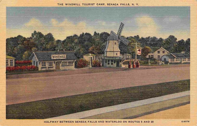 Windmill Tourist Camp Gas Pumps Route 5 20 Seneca Falls NY linen postcard