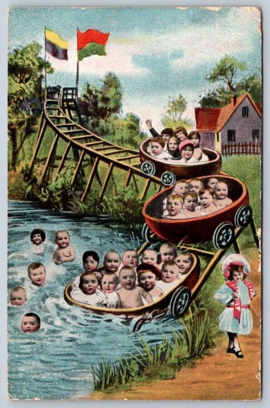 Roller Coaster Babies, Antique 1908 Fantasy Postcard, KViB