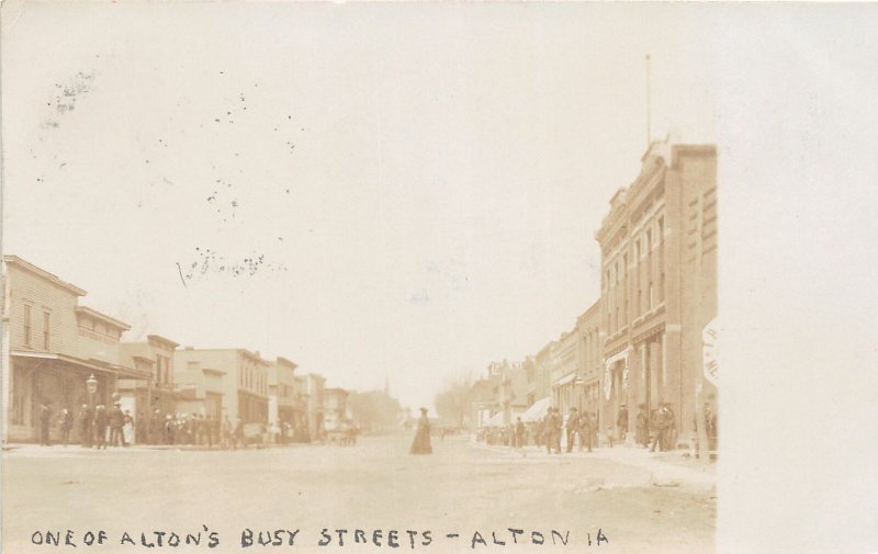 G24/ Alton Iowa RPPC Postcard 1908 Busy Street Main Stores People