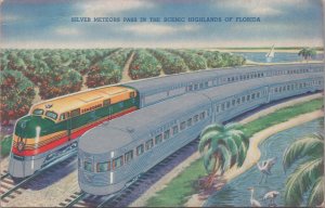 Postcard Railroad Trains Silver Meteors Pass Highlands Florida FL