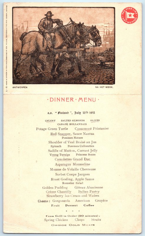 SS Finland Steamship Ocean Liner Steamer  Postcard Menu Red Star Line