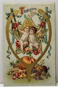 Thanksgiving Embossed Golden Wishbone Kids North Dakota 1910 Postcard D17
