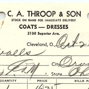 1938 C.A. THROOP & SON COATS-DRESSES CLEVELAND OHIO BILLHEAD STATEMENT Z3441