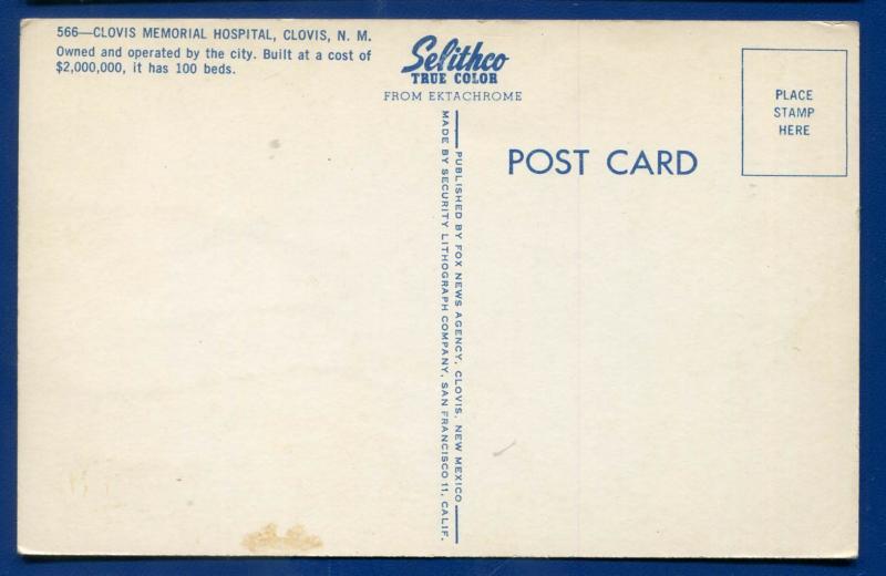 Memorial Hospital Clovis New Mexico nm 1950s chrome postcard