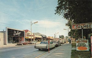 Oscoda MI Storefronts Old Cars Downtown Area, Postcard