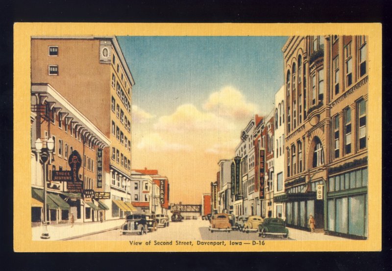 Davenport, Iowa/IA Postcard, Second Street Downtown, Sears, Old Cars, '40s?