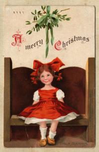 Postcard Christmas Little Girl with Red Dress, Red Hair, Big Red Bow Early 1900s