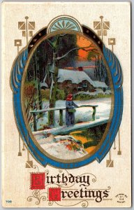 1912 Birthday Greetings Landscape Winter Wishes Card Posted Postcard