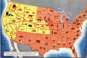 Vtg 1950s Map of Territory Served By Union Pacific Railroad Advertising Postcard 