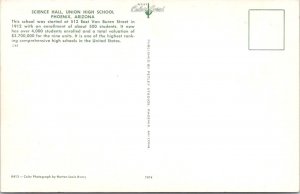 Phoenix, AZ Arizona  UNION HIGH SCHOOL Science Hall  ca1950's Education Postcard