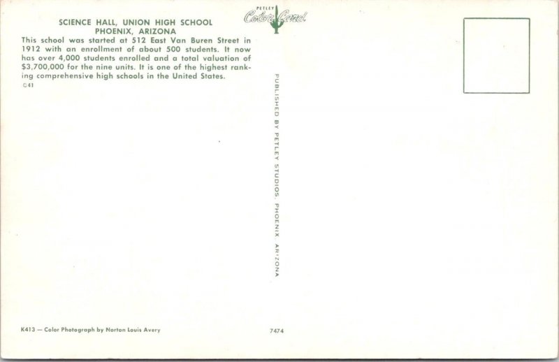 Phoenix, AZ Arizona  UNION HIGH SCHOOL Science Hall  ca1950's Education Postcard