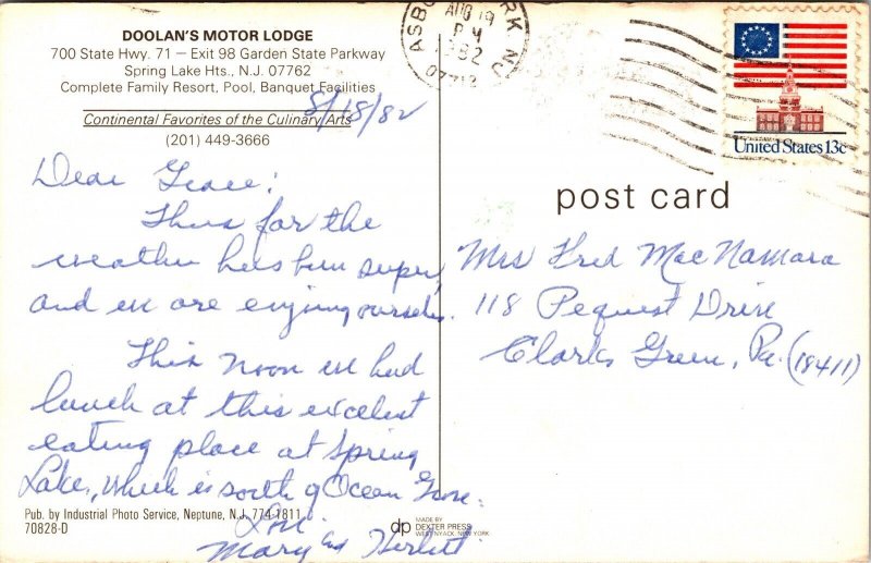 Interior Lobby Doolans Motor Lodge Spring Lake New Jersey NJ Postcard Note WOB 