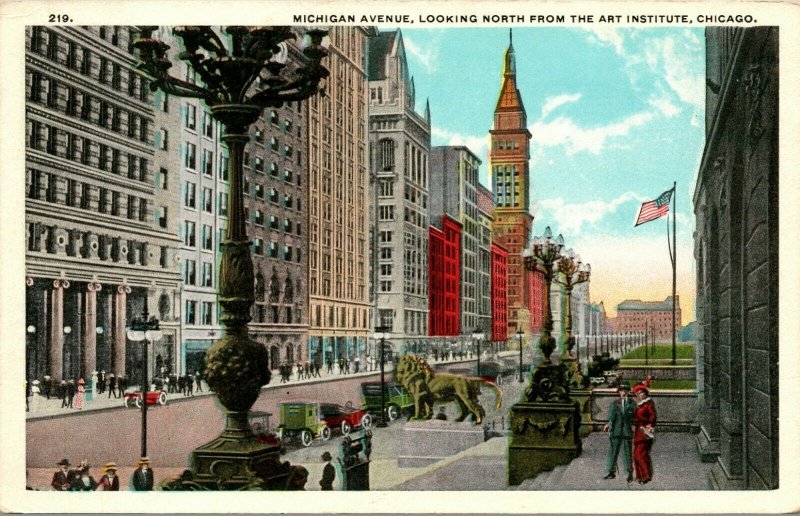 Vtg Postcard Chicago IL Michgian Avenue Looking North From Art Institute IL