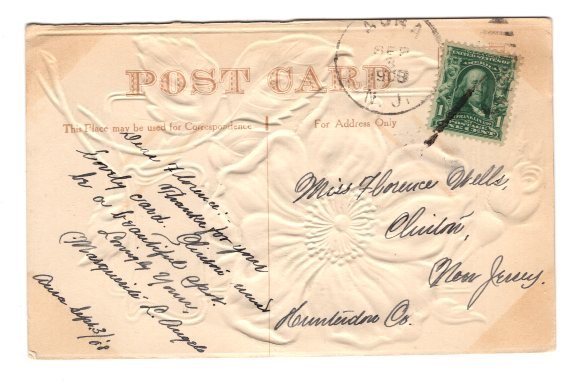 Embossed Silk-screened Purple Flower, Used New Jersey, 1908