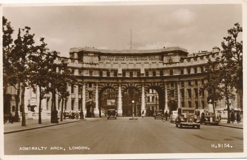 RPPC Admiralty Arch from Trafalgar Square - London, England - pm 1953