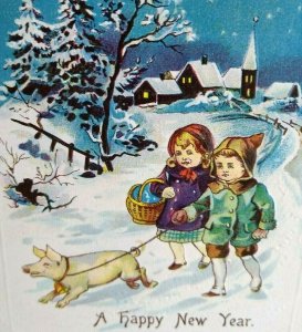 New Years Postcard Children Walking Pig Embossed Vintage Original Germany 1217