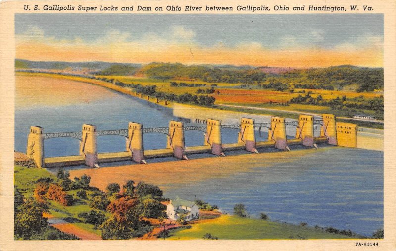 Huntington West Virginia & Gallipolis Ohio 1940s Postcard Locks & Dam