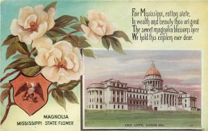 c1910 Postcard; Mississippi State Flower, Magnolia, Poem & State Capitol, Posted