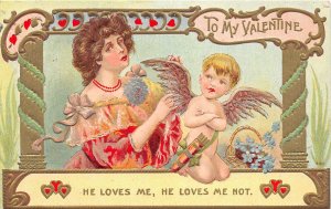 H53/ Valentine's Day Love Holiday Postcard c1910 Cupid Woman Gold Fancy 24