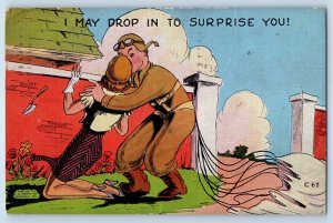 Soldier Romance Kissing I May Drop In To Surprise You Parachute WWII Postcard