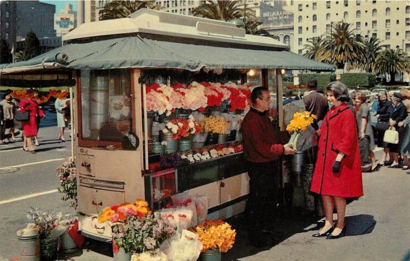 Street flower vendor San Francisco California 1950s fashion Bullock & Jones