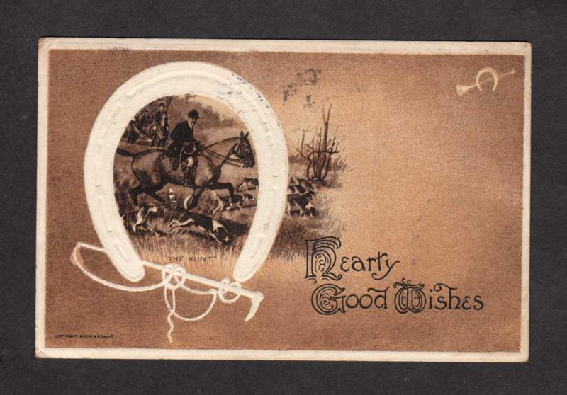 Hearty Good Wishes Hunting Dogs Horseshoe 1912 Postcard