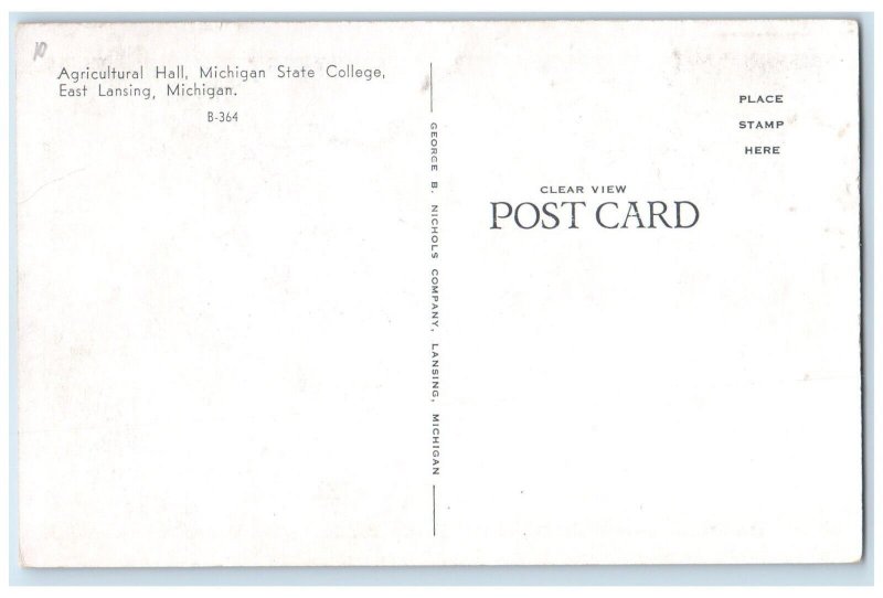 c1940 Agricultural Hall Michigan State College East Lansing Michigan MI Postcard