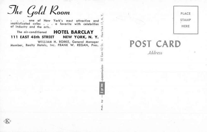 New York City Hotel Barclay Gold Room Interior Vintage Postcard K104349 