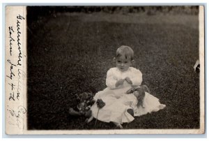 1910 Child Girl Doll Flower Teddy Bear Dimondale Lansing MI RPPC Photo Postcard 
