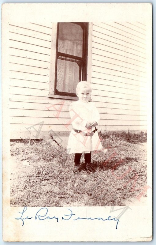ID'd c1910s Cute Little Boy in Dress RPPC Outdoors Real Photo LeRay Finney A159