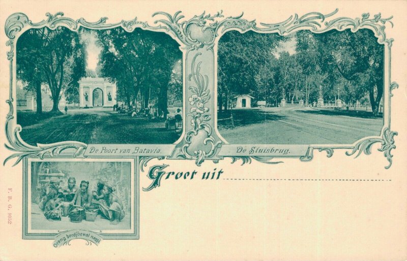 Indonesia Groet Uit Batavia Poort van Batavia De Sluisbrug Litho Postcard 04.90 