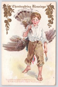 Holiday~Thanksgiving~Boy with Ax Brings Home Dead Turkey~c1910 Postcard
