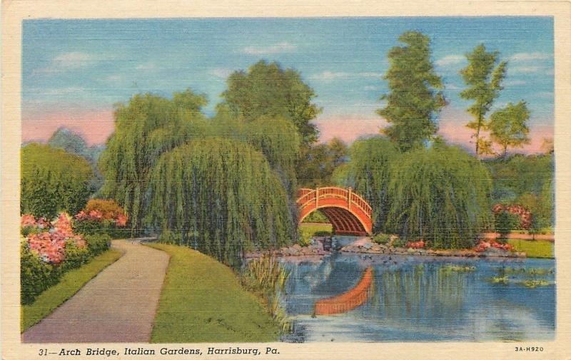 Harrisburg PA Willow Trees Surround Arch Bridge @ Italian Gardens 1933 Postcard