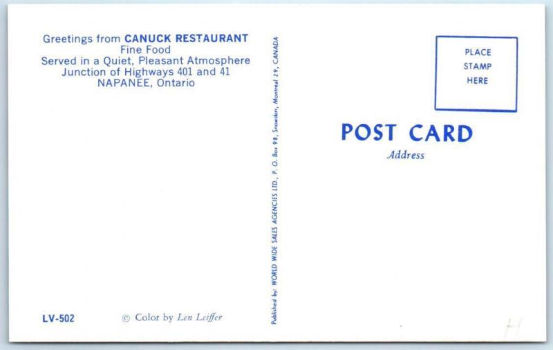NAPANEE, ONTARIO  Canada   Roadside  CANUCK RESTAURANT  ca 1960s  Postcard 