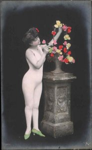 Woman in Studio Body Suit & Flowers Semi Nude Tinted Real Photo Postcard #2