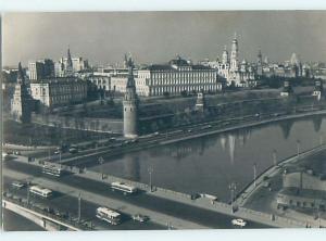 old rppc OLD BUSES ON BRIDGE BY BUILDINGS Moscow - Mockba Russia HM1682