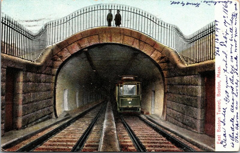 1900 POSTCARD  EAST BOSTON TUNNEL, BOSTON MASS  W/ NO 877 TRAIN PC