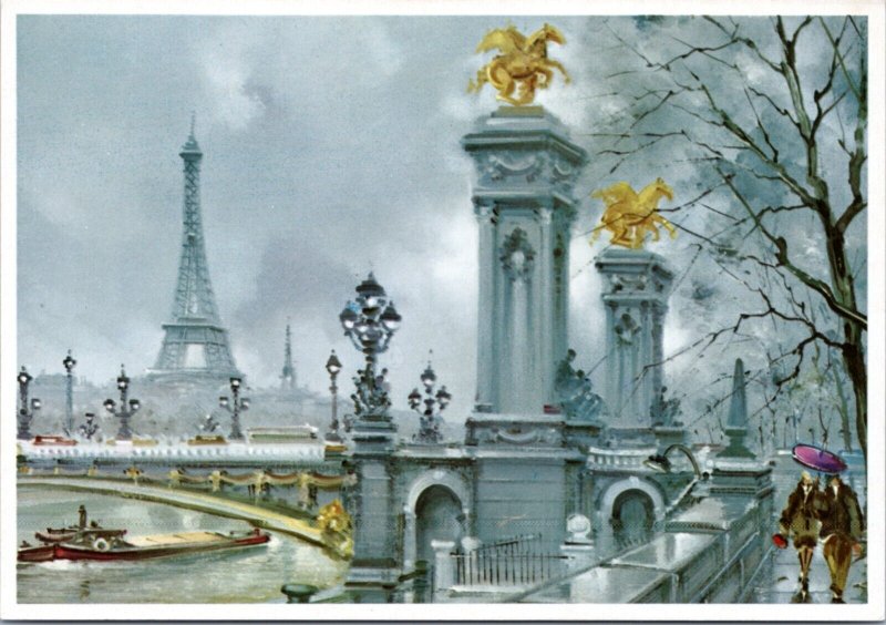 Postcard France Paris Pont Alexandre Eiffel Tower In the Rain Maurice Legendre