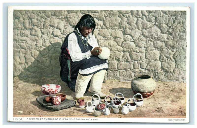 Fred Harvey A Woman of Pueblo of Isleta Decorating Pottery Postcard