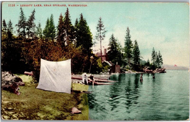 Swimmers at Liberty Lake Near Spokane Washington Vintage Postcard O15