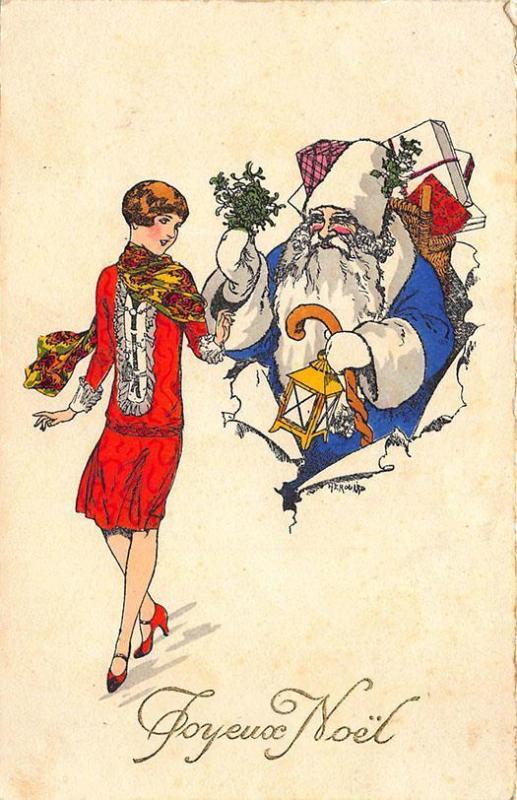 Merry Christmas Blue Suited Santa Claus Beautiful Woman Belgium Postcard