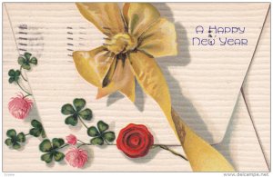 Happy NEW YEAR; Sealed envelope Shamrocks, pink flowers, yellow bow, PU-1907