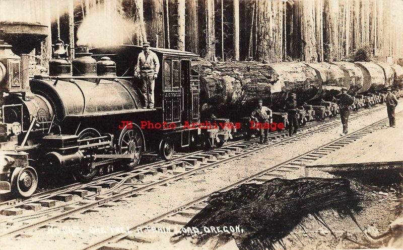 OR, Oregon, RPPC, J.G. Wall Train Engine One Tree Load, Logging, 1916 PM, Photo