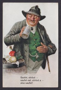 Vintage postcard Bavarian humor man with beer stein drinking saying Germany